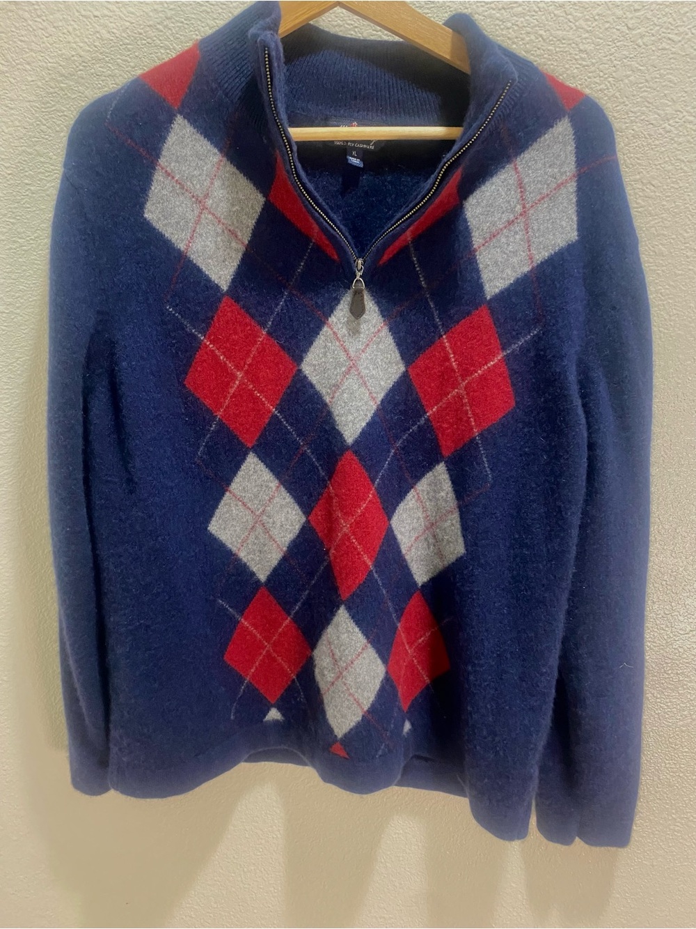 XL 100 % Chashmere Allen Solly Men’s Navy Argyle Zip Sweater w/Red & Gray